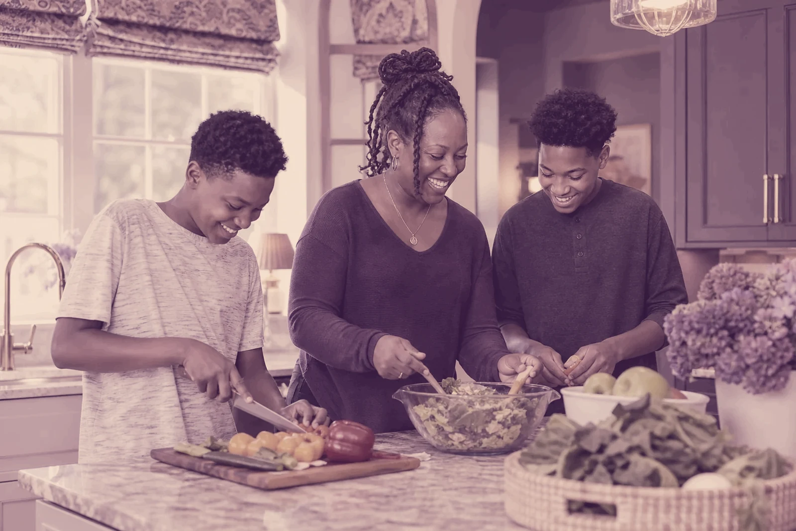 Illustrated faces of an adult and young people preparing food together.